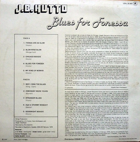 Image of Back Cover of 4644312S: LP - J.B. HUTTO, Blues For Fonessa (Swing; LDA 20 261, France 1976) A few light hairlines. Large tear has been repaired with tape, edge and ring wear, some creasing and discolouration.  G+/VG+