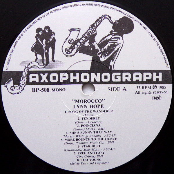 Image of Label Cover of 4644280S: LP - LYNN HOPE, Morocco (Saxophonograph; BP-508, Sweden 1985) Ring wear, corner bumps and slight discolouration.  VG+/VG+