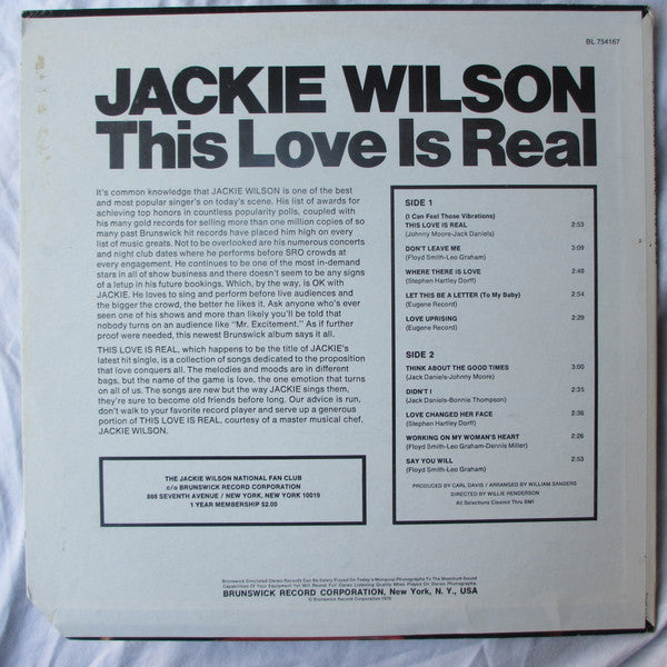 Image of Back Cover of 4644281S: LP - JACKIE WILSON, This Love Is Real (Brunswick; BL 754167, US 1970) Hairlines. In shrinkwrap. Edge wear to opening edge and corners. Other general sleeve wear. Cut corner to top right of sleeve.  VG/VG