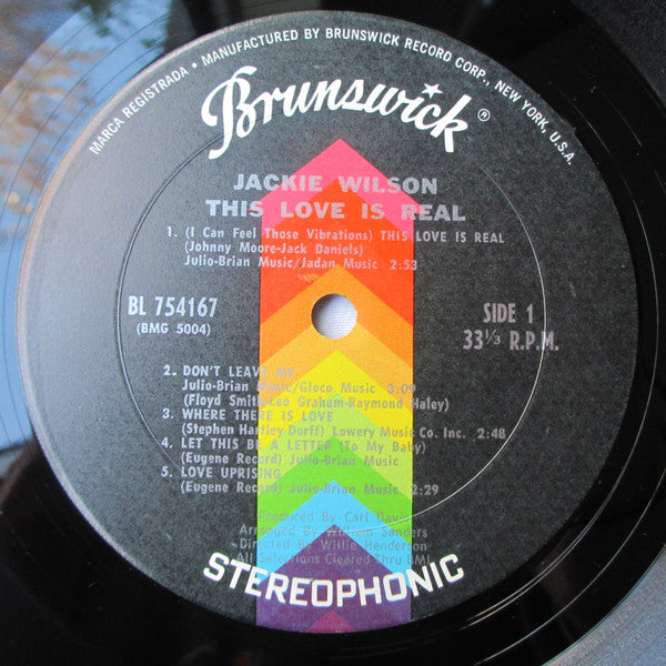 Image of Label Cover of 4644281S: LP - JACKIE WILSON, This Love Is Real (Brunswick; BL 754167, US 1970) Hairlines. In shrinkwrap. Edge wear to opening edge and corners. Other general sleeve wear. Cut corner to top right of sleeve.  VG/VG