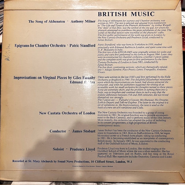 Image of Back Cover of 4314147E: LP - JAMES STOBART, NEW CANTATA ORCHESTRA OF LONDON, British Music: Milner: The Song of Akhenaten, Standford: Epigrams, Farnaby: Improvisations on Virginal Pieces (Sound News Productions; SNP LP 529, UK 1965, Laminated Flipback Sleeve)   VG+/VG+