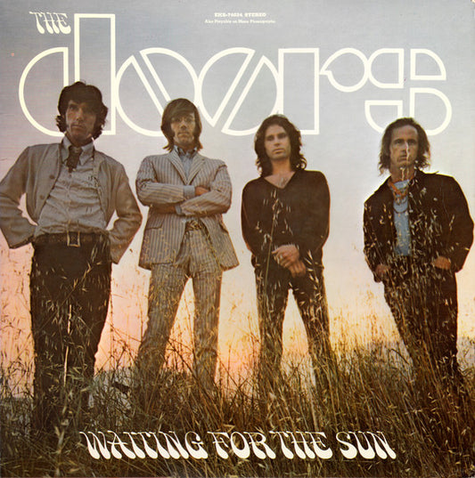 Image of Front Cover of 4644356S: LP - THE DOORS, Waiting For The Sun (Elektra Red & White; EKS-74024, US Reissue, Gatefold Unipak with Inside Loading Sleeve) Sleeve is intact and has edge wear, scuffs, and some pen writing. Disc has no deep marks.  G+/G+