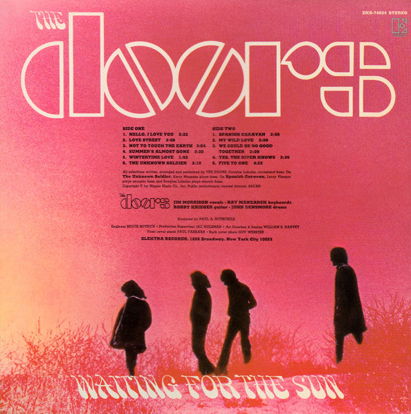 Image of Back Cover of 4644356S: LP - THE DOORS, Waiting For The Sun (Elektra Red & White; EKS-74024, US Reissue, Gatefold Unipak with Inside Loading Sleeve) Sleeve is intact and has edge wear, scuffs, and some pen writing. Disc has no deep marks.  G+/G+