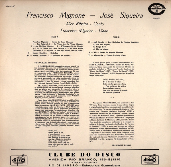 Image of Back Cover of 4624148E: LP - ALICE RIBEIRO, FRANCISCO MIGNONE, Mignoni E Siqueira Int rprete Alice Ribeiro (Corcovado; CD-E16, Brazil 1969, Laminated Sleeve)   VG+/VG+