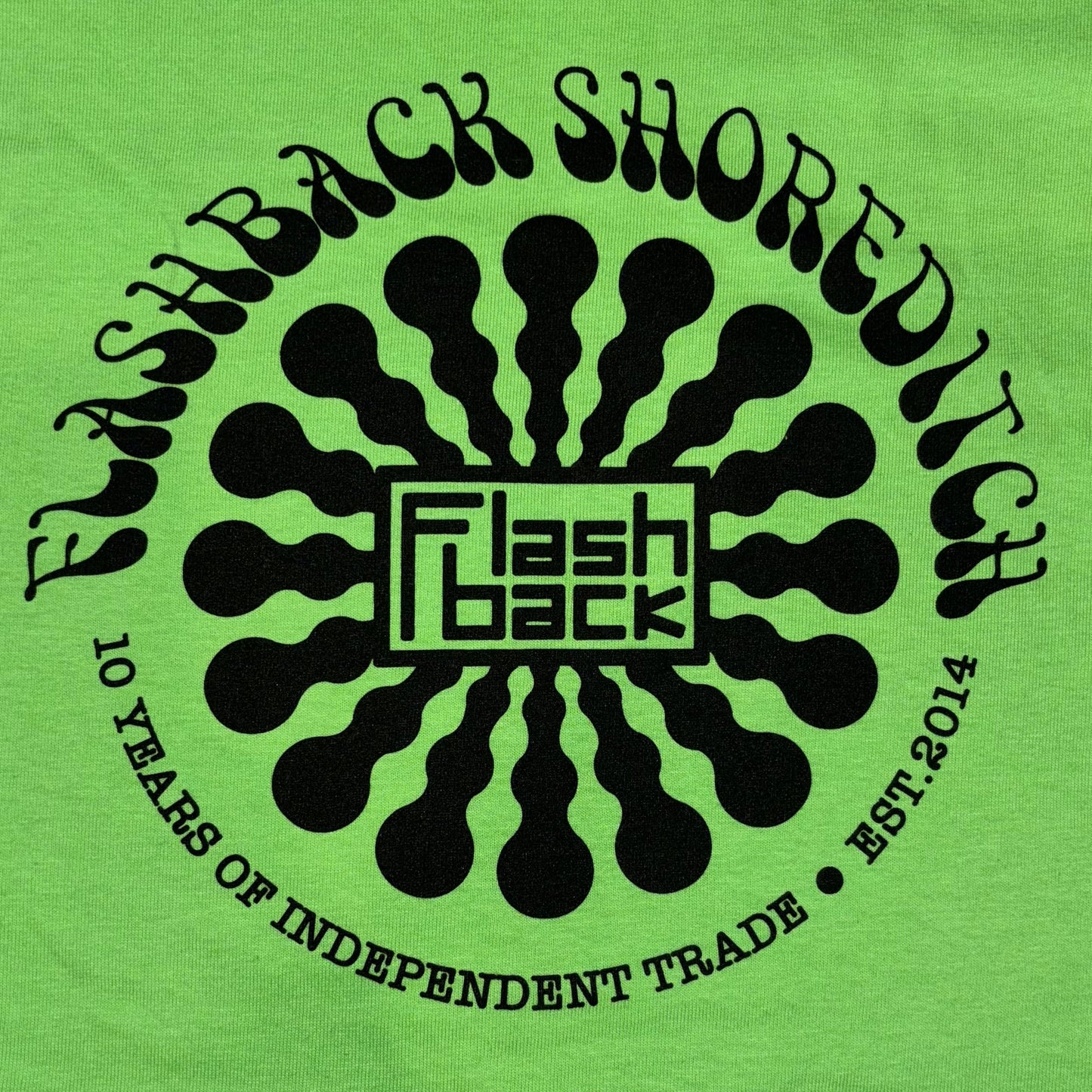 Image of Label Cover of 4634134E: Accessories - FLASHBACK T-SHIRT, Shoreditch 10th Anniversary T-Shirt - Small (, UK 2024, Gildan Heavy Cotton, Lime Green, Black Logo)   NEW/NEW