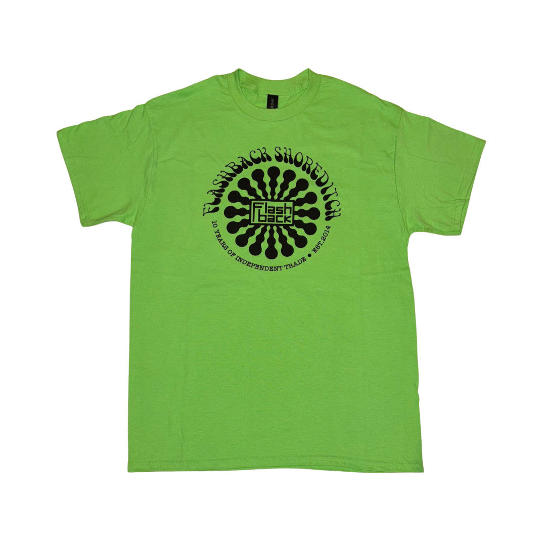 Image of Front Cover of 4634134E: Accessories - FLASHBACK T-SHIRT, Shoreditch 10th Anniversary T-Shirt - Small (, UK 2024, Gildan Heavy Cotton, Lime Green, Black Logo)   NEW/NEW