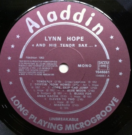 Image of Label Cover of 4644283S: LP - LYNN HOPE, Lynn Hope And His Tenor Sax... (Aladdin; 154 6661, France 1983) Slight ring wear.  VG+/VG+