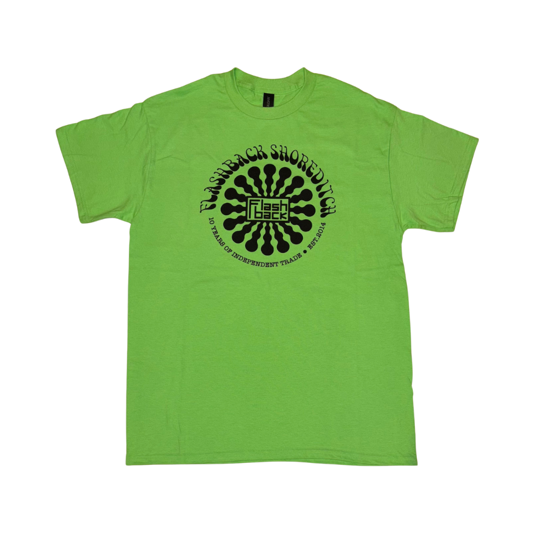 Image of Front Cover of Accessories - NEW/NEW - FLASHBACK T-SHIRT, Shoreditch 10th Anniversary T-Shirt - Medium (, UK 2024, Gildan Heavy Cotton, Lime Green, Black Logo), ,  - 4754082S