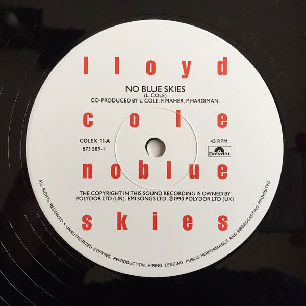 Image of Label Cover of 4614284C: 12" - LLOYD COLE, No Blue Skies (Polydor; COLEP 11, UK 1990, Insert, Limited Edition) No numbered hype sticker, Clean vinyl, Light stain spot to sleeve  VG/VG+