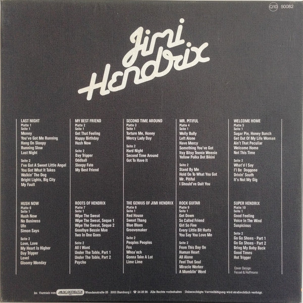 Image of Back Cover of 4644288S: 10xLP - JIMI HENDRIX, 10 LP Kassette (Musidisc; Q10 50082, Germany 1983, Box Set) Marks on R2, R6,P5. The Rest are VG+. Taped Box  VG/VG