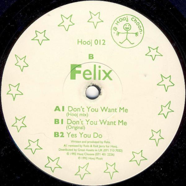 Image of Back Cover of 4624255E: 12" - FELIX, Don't You Want Me (Hooj Choons ; Hooj 012, UK 1992) Lots of light marks  /G+