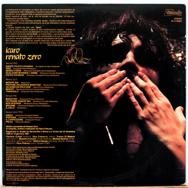 Image of Back Cover of 4644375S: 2xLP - RENATO ZERO, Icaro (Zerolandia; PL 31580(2), Italy 1981, Gatefold) Ringwear and writing on sleeve, minor scratching on vinyl - shouldnt effect playback  G+/G+