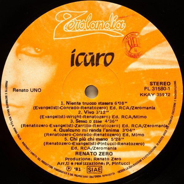 Image of Label Cover of 4644375S: 2xLP - RENATO ZERO, Icaro (Zerolandia; PL 31580(2), Italy 1981, Gatefold) Ringwear and writing on sleeve, minor scratching on vinyl - shouldnt effect playback  G+/G+