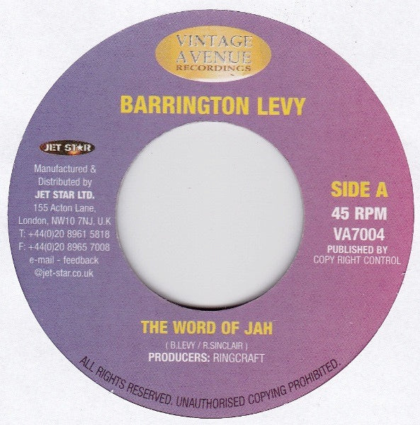 Image of Front Cover of 4614314C: 7" - BARRINGTON LEVY / LINVAL THOMPSON, The Word Of Jah / Feed The Children (Vintage Avenue Recordings; VA7004, UK 2000s) Light marks only  /G+