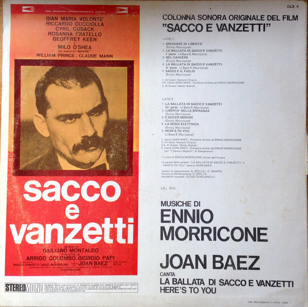 Image of Back Cover of 4644379S: LP - ENNIO MORRICONE / JOAN BAEZ, Sacco E Vanzetti (Colonna Sonora Originale Del Film) (RCA Original Cast; OLS 4, Italy 1971) Some stains on sleeve, vinyl in great condition  VG/VG+