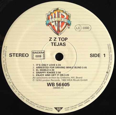 Image of Label Cover of 4614305C: LP - ZZ TOP, Tejas (Warner Bros. Records; WB 56605, France 1980 Reissue, Tri-Fold Sleeve, Inner) Strong VG, two or three cosmetic lines.  VG/VG