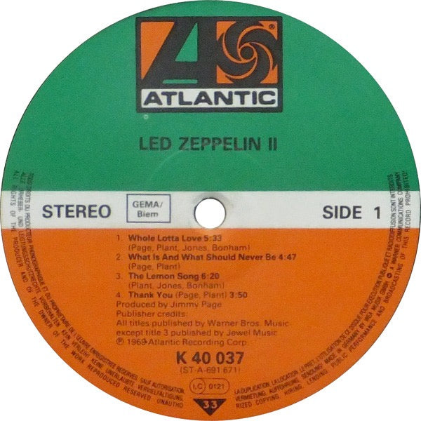 Image of Label Cover of 4614291C: LP - LED ZEPPELIN, Led Zeppelin II (Atlantic; K 40 037, Europe 1984 Reissue, Gatefold)   VG/VG+