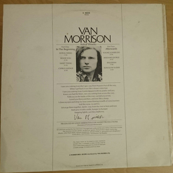 Image of Back Cover of 4624231E: LP - VAN MORRISON, Astral Weeks (Warner Bros. Records; K 46024, UK Reissue, Laminated Sleeve) A few light hairlines only.Sleeve has some creasing.  VG/VG