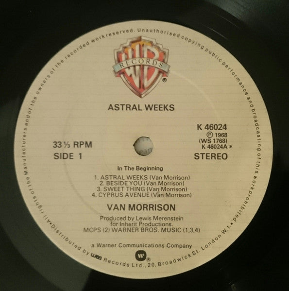 Image of Label Cover of 4624231E: LP - VAN MORRISON, Astral Weeks (Warner Bros. Records; K 46024, UK Reissue, Laminated Sleeve) A few light hairlines only.Sleeve has some creasing.  VG/VG