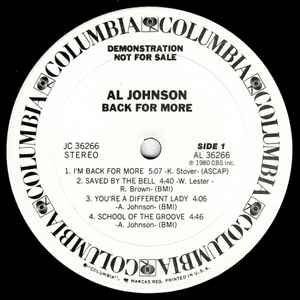 Image of Label Cover of 4644409S: LP - AL JOHNSON, Back For More (Columbia; JC 36266, US 1980, Promo, Inner) Light marks. Light wear to sleeve. tape on edges of inner.  VG+/VG