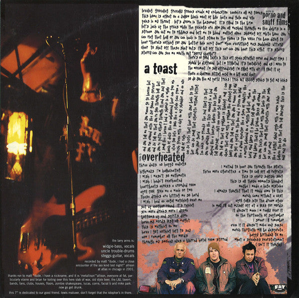 Image of Back Cover of 4624288E: 7" - THE LAWRENCE ARMS, Porno And Snuff Films (Fat Wreck Chords ; FAT-211-7, US 2002, Picture Sleeve, Purple Vinyl, Fat Club Release) Slight Ring Wear  VG+/VG+