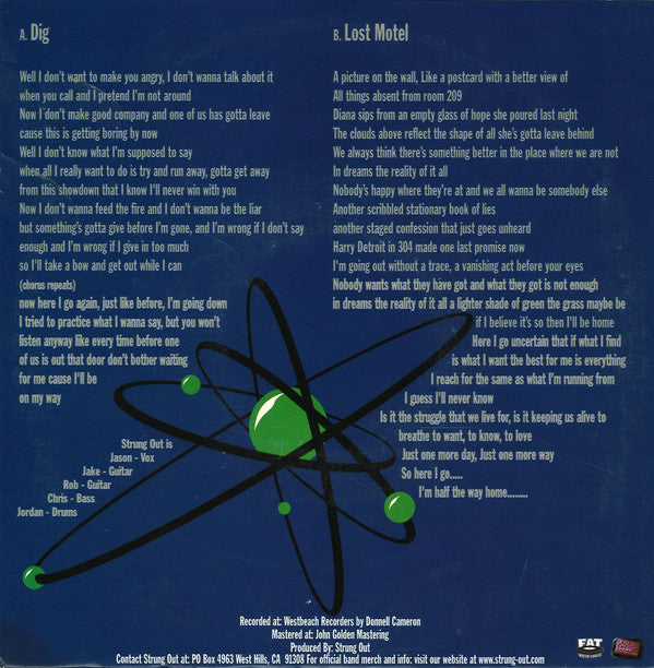 Image of Back Cover of 4624287E: 7" - STRUNG OUT, Dig / Lost Motel (Fat Wreck Chords ; FAT 210-7, US 2001, Picture Sleeve, Green Translucent Vinyl, Fat Club Release)   VG+/EX