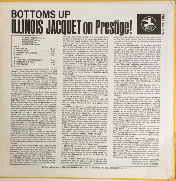 Image of Back Cover of 4644470S: LP - ILLINOIS JACQUET, Bottoms Up - Illinois Jacquet On Prestige! (Prestige; PR 7575, US 1968, Pasteback Sleeve) Sleeve is a Strong VG, ring wear and light edge wear. Writing on back of sleeve.  VG/VG+