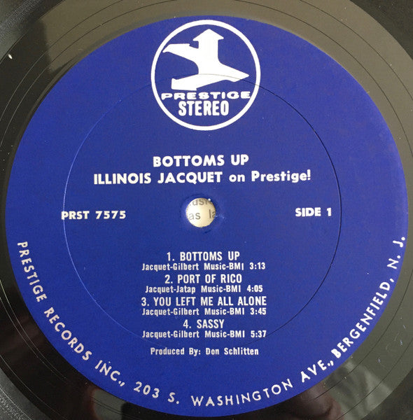 Image of Label Cover of 4644470S: LP - ILLINOIS JACQUET, Bottoms Up - Illinois Jacquet On Prestige! (Prestige; PR 7575, US 1968, Pasteback Sleeve) Sleeve is a Strong VG, ring wear and light edge wear. Writing on back of sleeve.  VG/VG+