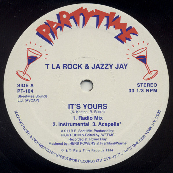 Image of Label Cover of 4644469S: 12" - T LA ROCK & JAZZY JAY, It's Yours (Partytime Records; PT-104, US 2005 Reissue) Mottling and hairlines. Ring and light edge wear.  VG+/VG