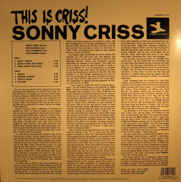 Image of Back Cover of 4644468S: LP - SONNY CRISS, This Is Criss! (Original Jazz Classics; OJC-430, US 1990 Reissue) Ring and edge wear, slight discolouration.  VG+/VG+