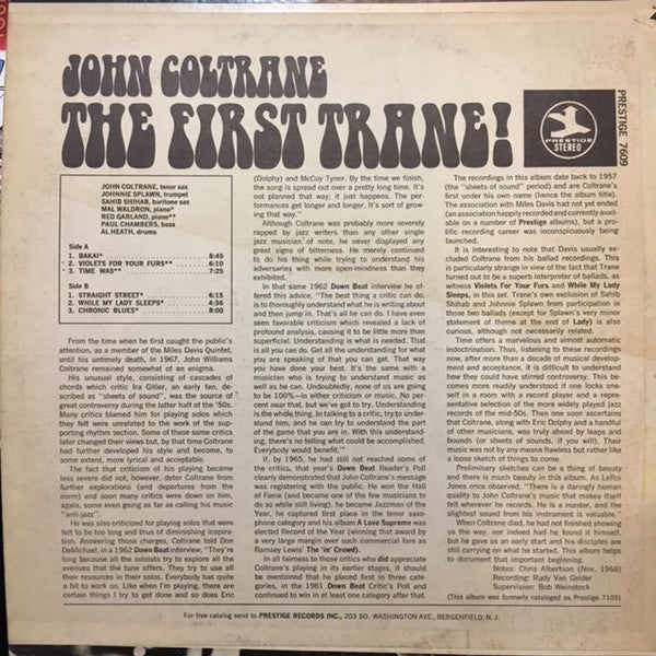 Image of Back Cover of 4644467S: LP - JOHN COLTRANE, The First Trane (Prestige; PR 7609, US 1970s Reissue) Hairlines and mottling. Edge and ring wear, general sleeve wear. Tape to top edge.  G+/VG