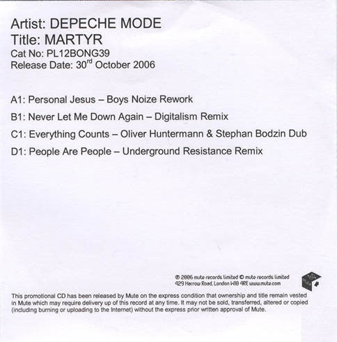 Image of Front Cover of CD - VG+/G+ - DEPECHE MODE, Martyr (Mute; PL12Bong39, UK 2006, Promo, Clear Plastic Sleeve, Inner), Marks on CD but play ok in shop,  - 4634166E