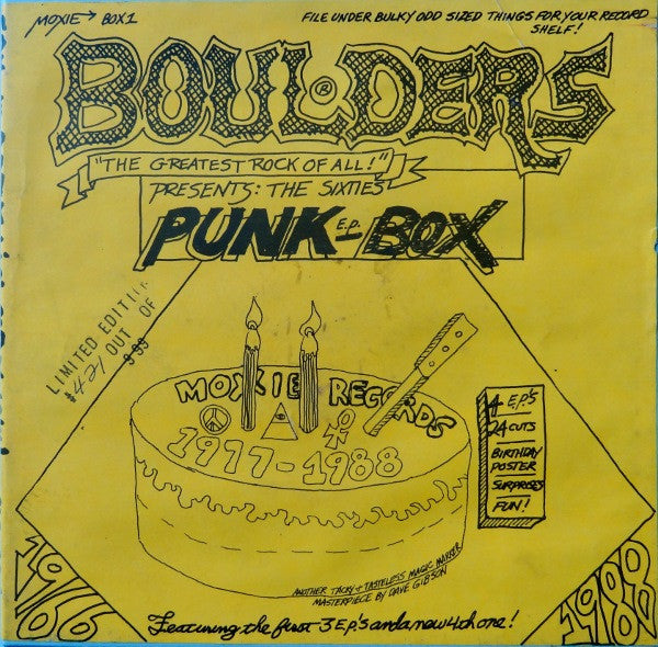 Image of Front Cover of 4624313E: 4x7" - VARIOUS ARTISTS, Moxie Punk E.P Box Set Box 1 (Moxie Records ; Moxie Box1, US 1988, Box Set, Poster, 2 Candles And 2 Balloons) Very Strong VG+, Limited Edition Number 393/999, Some Stains On Box  VG+/VG+