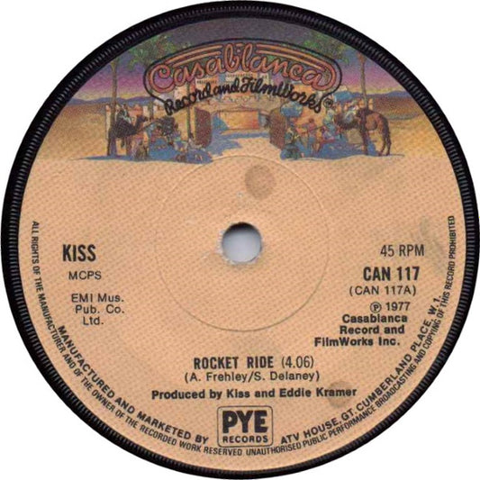 Image of Front Cover of 4624304E: 7" - KISS, Rocket Ride / Love Gun (Casablanca ; CAN 117, UK 1977, Company Sleeve) Writing On Sleeve  VG/VG+