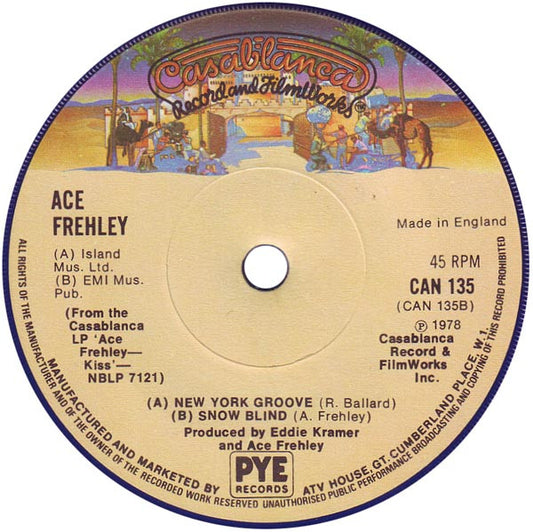 Image of Front Cover of 4624301E: 7" - ACE FREHLEY, New York Groove / Snow Blind (Casablanca; CAN135, UK 1978, Plain Sleeve, Blue Vinyl, No Mask)   /VG+