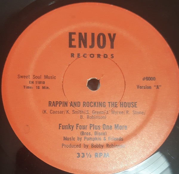 Image of Front Cover of 4644479S: 12" - FUNKY FOUR PLUS ONE MORE*, Rappin And Rocking The House (Enjoy Records; 6000, US , Generic, No (c)(p)1979 on labels) Heavy hairlines and scuffing.  /G