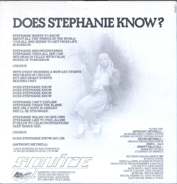 Image of Back Cover of 4624300E: 7" - SQUIRE, My Mind Goes Round In Circles / Does Stephanie Know? (Stage One; Stage 2, UK 1980, Picture Sleeve) Strong VG, A-Side Label Off Centre - Does Not Affect Play  VG/VG