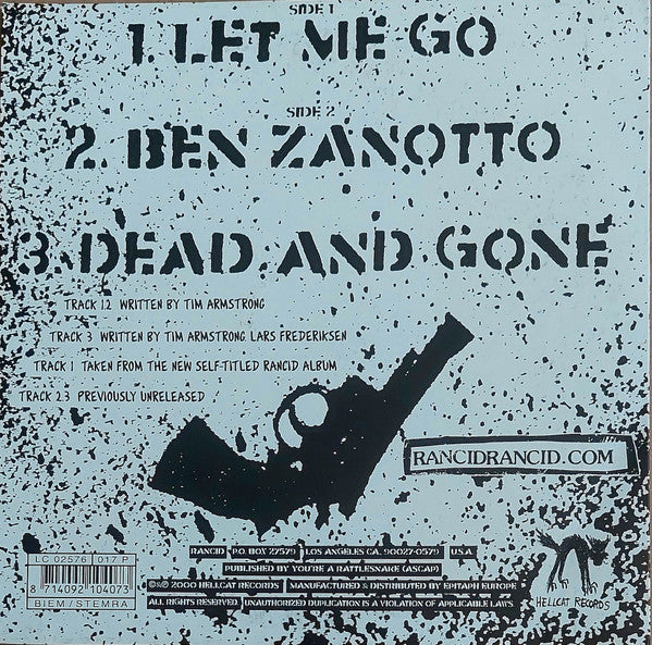 Image of Back Cover of 4624297E: 7" - RANCID, Let Me Go (Hellcat Records ; 1040-7, UK 2000, Picture Sleeve, Green Vinyl)   VG+/VG+