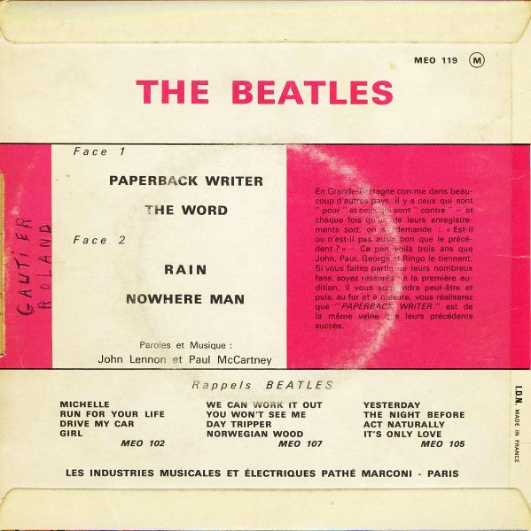 Image of Back Cover of 4624293E: 7" EP - THE BEATLES, Paperback Writer (Odeon Red; MEO 119, France 1966, Laminated Flipback Sleeve, Mono) Strong VG+, Slight Damage To Sleeve Opening Otherwise Nice Copy  VG+/VG+