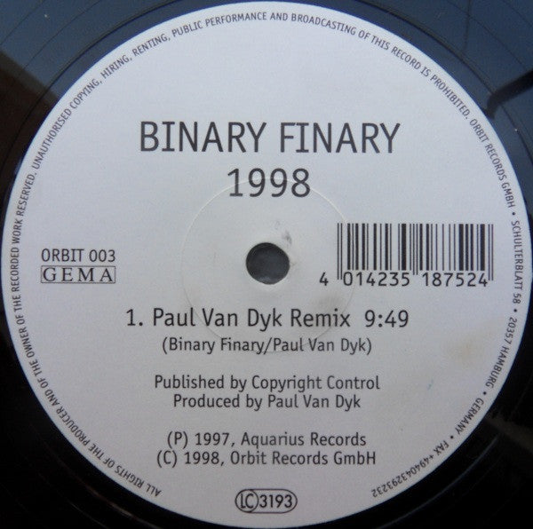 Image of Front Cover of 4724022E: 12" - BINARY FINARY, 1998 (Orbit Records; ORBIT 003, Germany 1998) Paul Van Dyk remix/Original mix  /VG