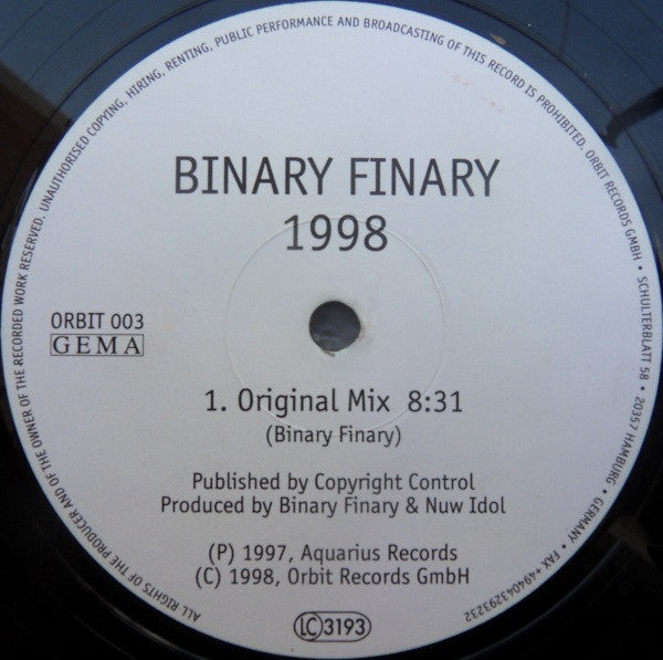 Image of Back Cover of 4724022E: 12" - BINARY FINARY, 1998 (Orbit Records; ORBIT 003, Germany 1998) Paul Van Dyk remix/Original mix  /VG