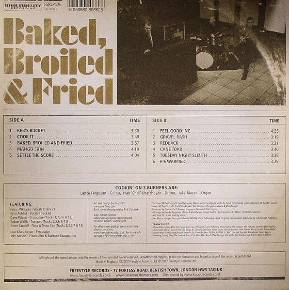 Image of Back Cover of 4724009E: LP - COOKIN' ON 3 BURNERS, Baked, Broiled & Fried (Freestyle Records; FSRLP 026, UK 2007) Few small rips to art of front sleeve top corner, neglibile. Small rip bottom edge.  VG/VG+