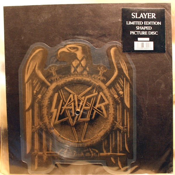 Image of Front Cover of 4714045C: 7" - SLAYER, Seasons In The Abyss (Def American Recordings; DEFAP 912, UK 1991 Reissue, Stickered Plastic Sleeve, Card Insert, Limited Edition Shaped Picture Disc) Plastic sleeve a bit creased but intact, Light marks to picture disc but plays loud and clear  VG/VG