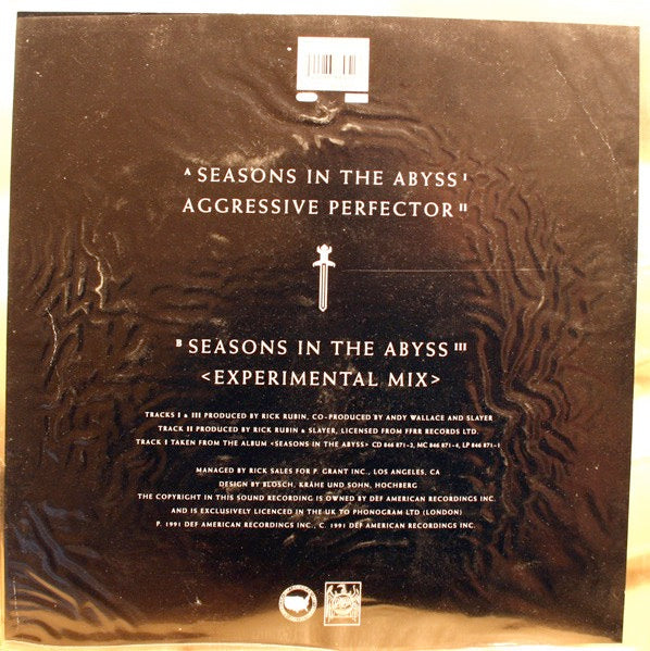 Image of Back Cover of 4714045C: 7" - SLAYER, Seasons In The Abyss (Def American Recordings; DEFAP 912, UK 1991 Reissue, Stickered Plastic Sleeve, Card Insert, Limited Edition Shaped Picture Disc) Plastic sleeve a bit creased but intact, Light marks to picture disc but plays loud and clear  VG/VG