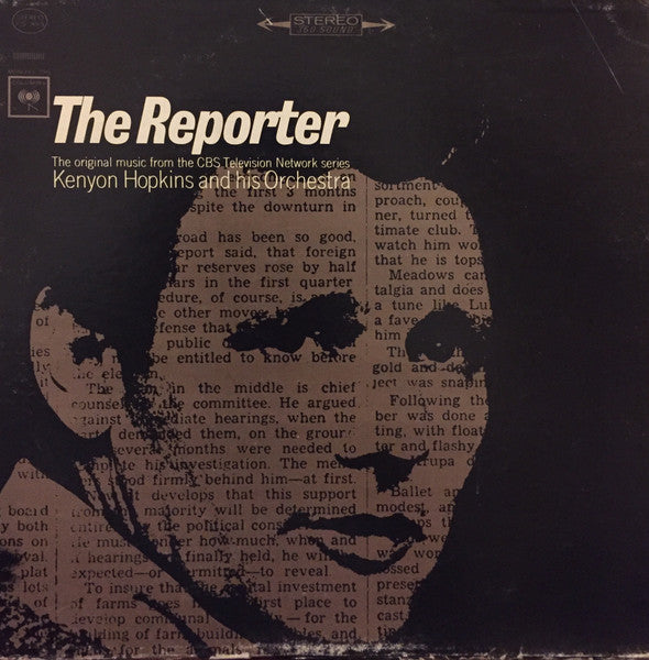 Image of Front Cover of 4744051S: LP - KENYON HOPKINS, The Reporter (Columbia; CS 9069, US 1964) Strong G+, hairlines and surface marks all over disc. Heavy edge wear and seam splitting to bottom edge, general sleeve wear.  G+/G+