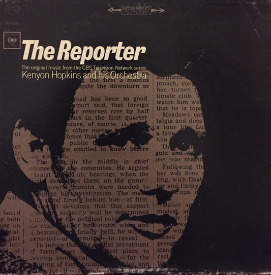 Image of Front Cover of 4744051S: LP - KENYON HOPKINS, The Reporter (Columbia; CS 9069, US 1964) Strong G+, hairlines and surface marks all over disc. Heavy edge wear and seam splitting to bottom edge, general sleeve wear.  G+/G+