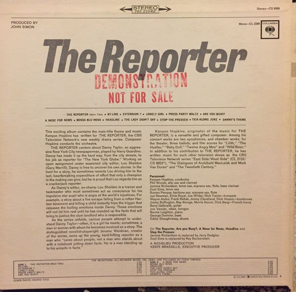 Image of Back Cover of 4744051S: LP - KENYON HOPKINS, The Reporter (Columbia; CS 9069, US 1964) Strong G+, hairlines and surface marks all over disc. Heavy edge wear and seam splitting to bottom edge, general sleeve wear.  G+/G+