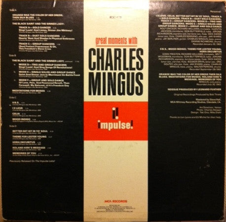 Image of Back Cover of 4624279E: LP - CHARLES MINGUS, Great Moments With Charles Mingus (MCA Impulse Blue Rainbow; MCA2-4128, US 1981) Gold Export Stamp on Rear Sleevce  VG/VG+