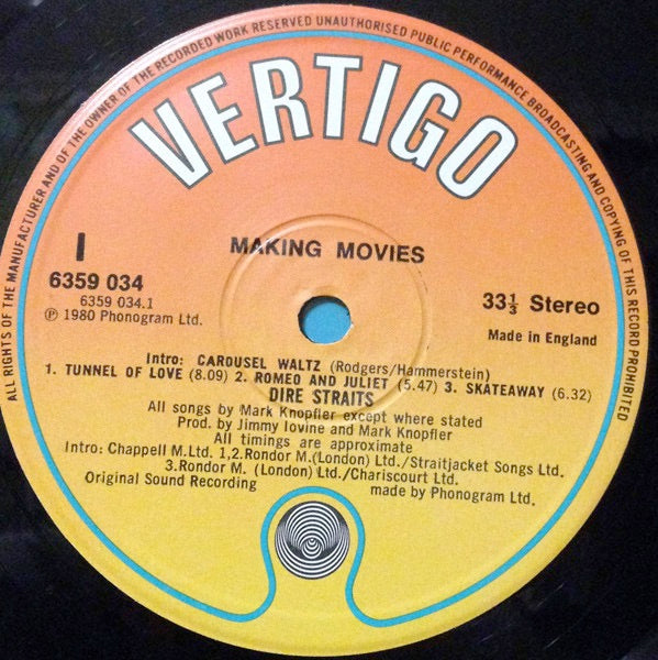 Image of Label Cover of LP - VG/VG+ - DIRE STRAITS, Making Movies (Vertigo; 6359 034, UK 1980, Inner, Wide Inner Pressing Ring), ,  - 2626028E