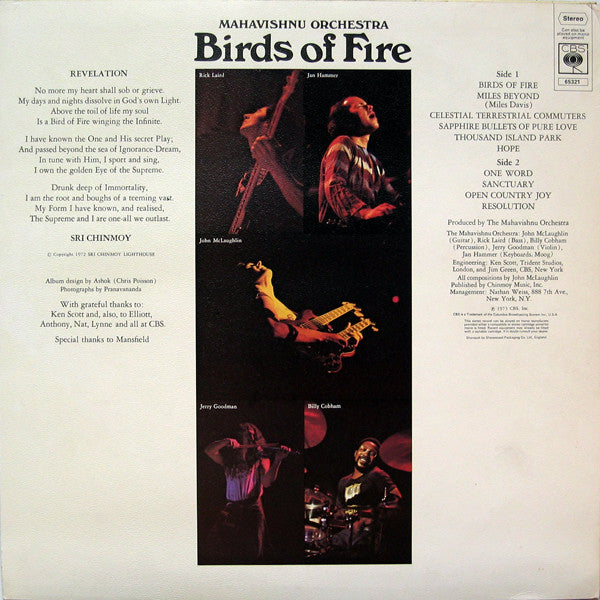 Image of Back Cover of 4714102C: LP - MAHAVISHNU ORCHESTRA, Birds of Fire (CBS Orange (33 1/3 On Label); 65321, UK 1973, Textured Sleeve, No Inner) Ring wear and stain to sleeve. Scuffs to disc.  VG/VG